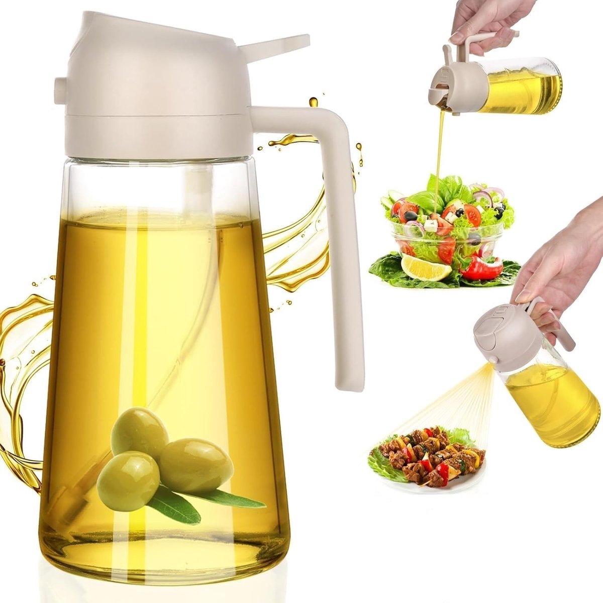 Olijfoliesprayer - Beige - 600 ml - PP en Glas - Voor Koken, Bakken en Grillen