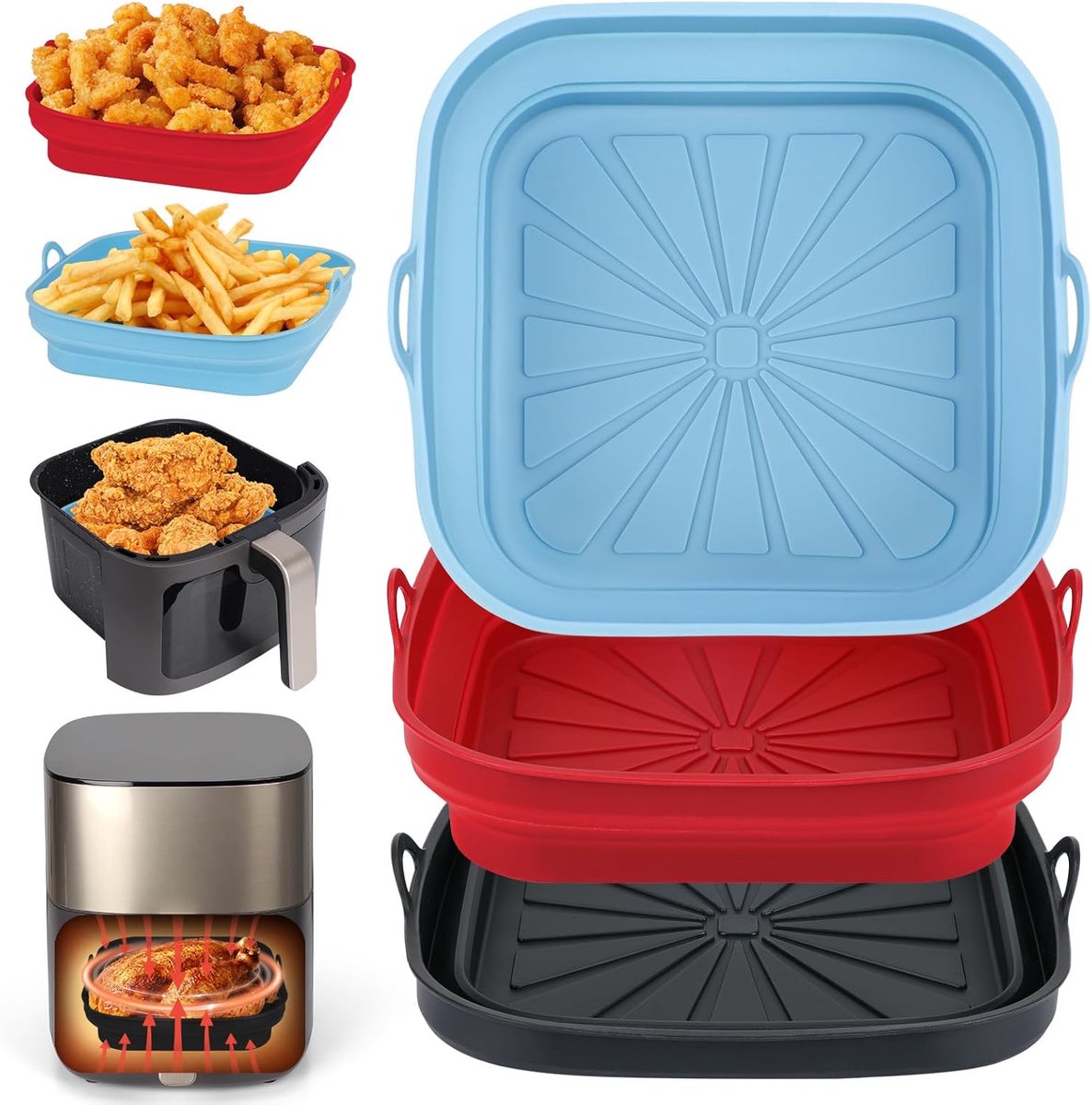Airfryer Siliconen Pot, 3 Stuks Herbruikbare Heteluchtfriteuse Liners, Vierkante Opvouwbare Siliconen Bakvorm voor Luchtfriteuse, Magnetron en Oven - Rood, Zwart en Lichtblauw
