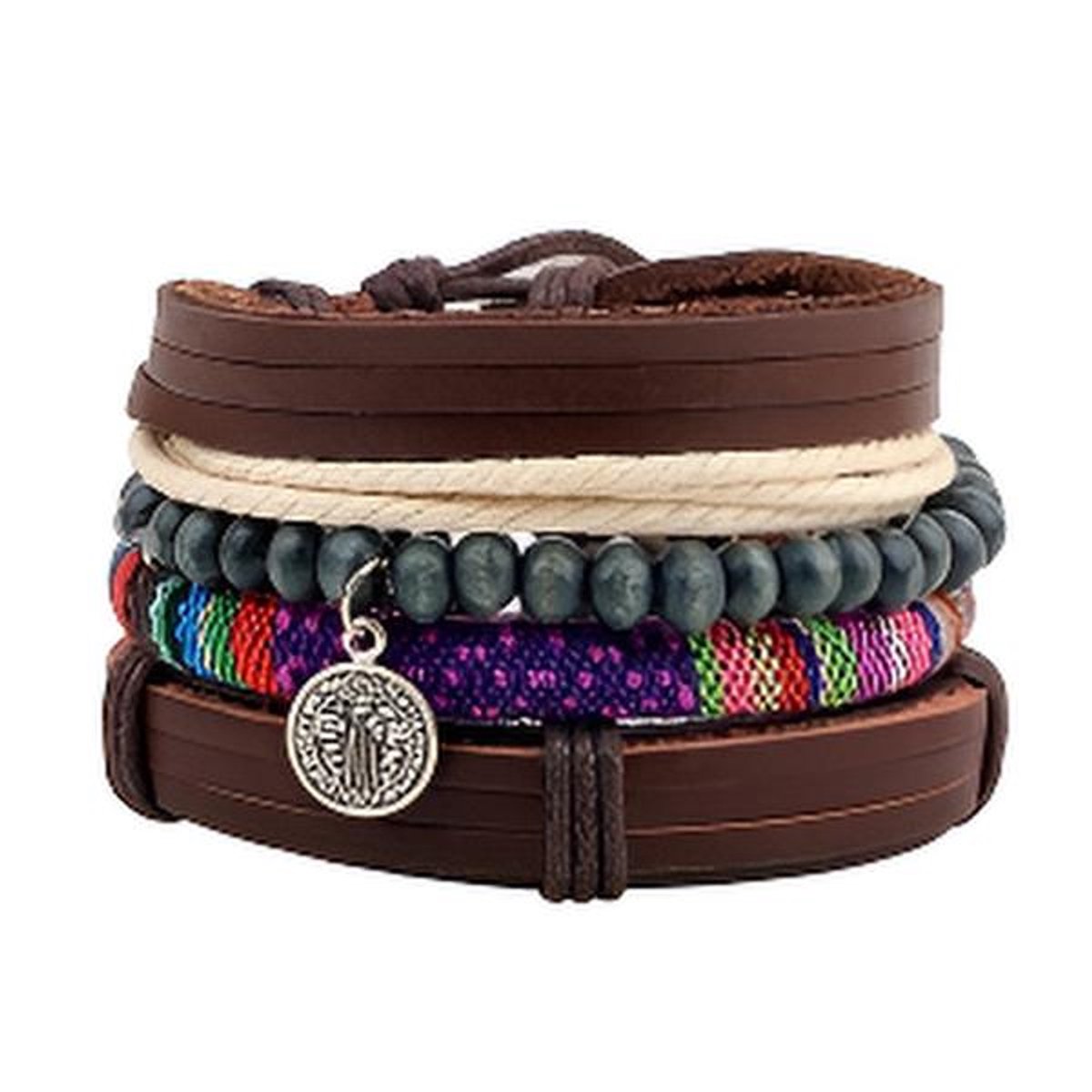 Uniseks Armbandenset Bruin Multicolor – Verstelbare Armband met Kralen, Koord en Bedel – Boho Stijl
