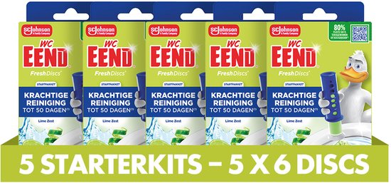 Verpakking van 5 WC Eend Fresh Discs starterkits met limoengeur, met de mascotte en limoenen.