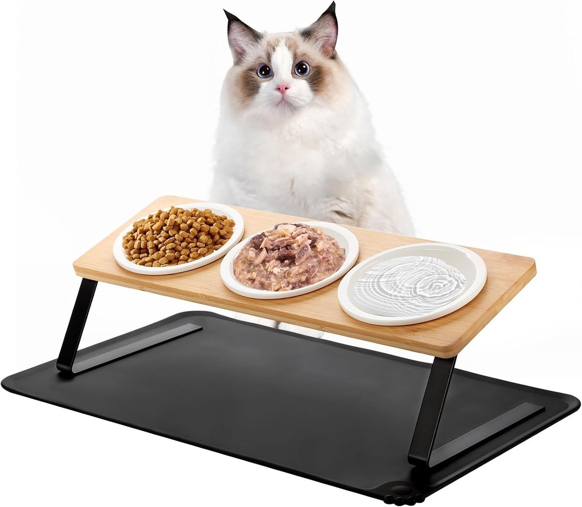 Verhoogde voerbak voor grote hond - Wit - 13 cm keramische kommen - Houten standaard met antislipmat - Voor katten en kleine honden