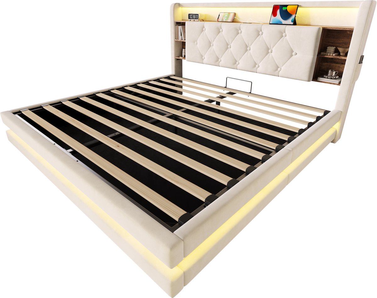 Gestoffeerd Bed 160 x 200 Cm Met Opbergruimte - Fluwelen Bed Met LED Verlichting, USB En Type C - Met Lattenbodem - Beige