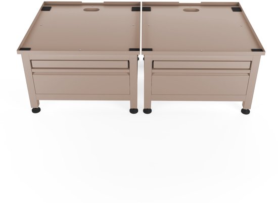 Dubbele taupe wasmachine verhoger op witte achtergrond, van bovenaf gezien. Met 2 lades en 2 uittrekbare plateaus.