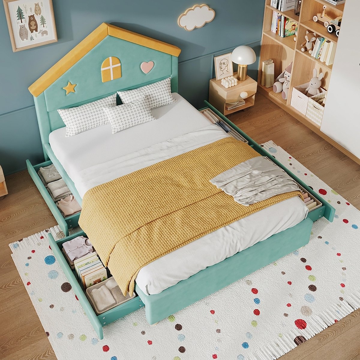 MIVRAY Kinderbed 140x200 cm - Huisbed Met Opberglades - Gepolsterd Stauraambed Voor Kinderkamer En Jeugdkamer - Frans Fluweel - Blauwgroen