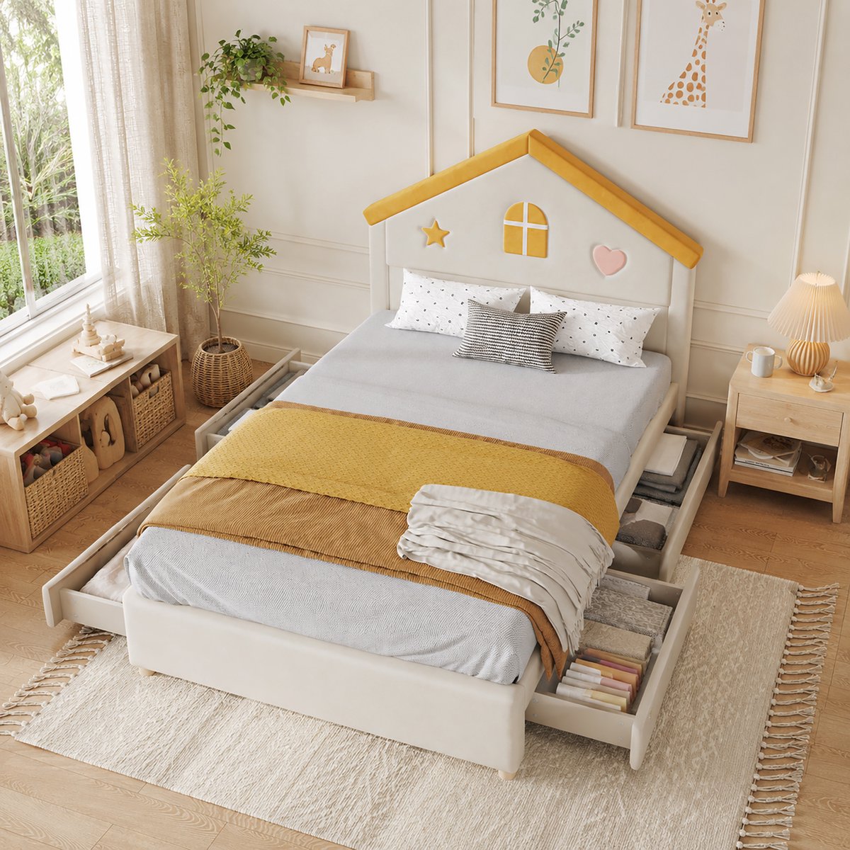 MIVRAY Kinderbed 140x200 cm Met Matras - Huisbed Met 4 Lades - Stauraumbed Voor Kinderkamer En Jeugdkamer - Frans Fluweel - Beige