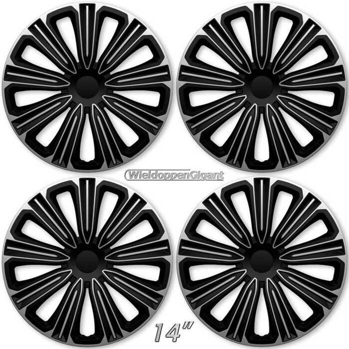 Wieldoppen ROSSO-SB 14 inch ZILVER/ZWART. Set a 4 stuks (CONTROLEER UW BANDENMAAT en lees a.u.b. de onderstaande, uitgebreide tekst!)