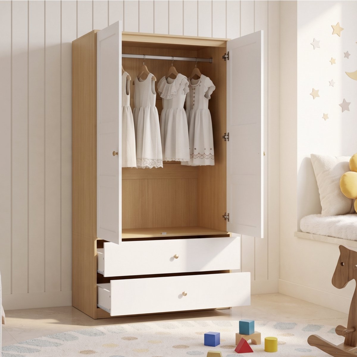 OKWISH Kledingkast - 2 Deuren - 2 Lades - Met Kledingstang - Ruime Opbergkast Voor Slaapkamer Of Werkkamer - MDF Naturel Wit - 100 X 48 X 180 Cm Natuurlijk+Wit