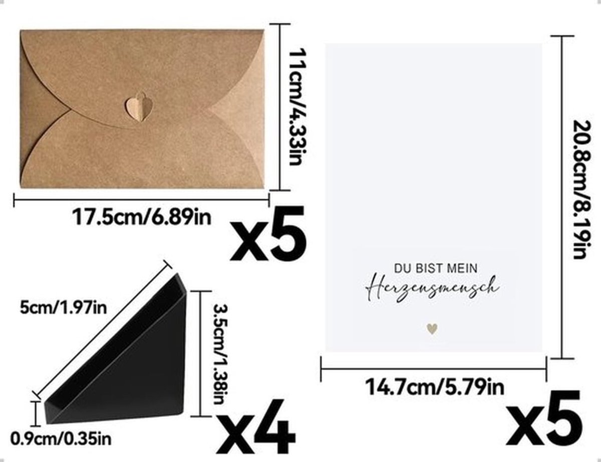 Kaartenset Uniek Ontwerp - Wenskaarten Verjaardag - Wenskaarten Bruiloft - Wenskaarten Valentijnsdag - 5 Kraftpapieren Enveloppen - 5 Liefdeskaarten 208 x 147 mm