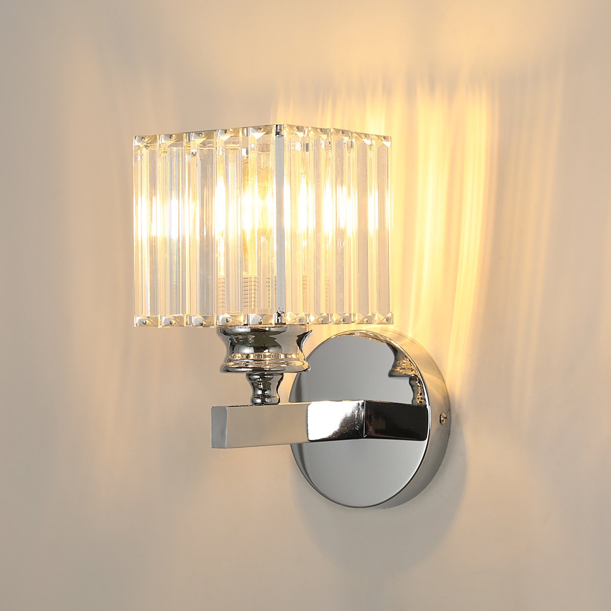 Riserva Wandlamp modern minimalistisch langwerpig chroom, kristal + acryl met glazen kap, E27 fitting max 60W zonder lamp, voor studeerkamer, slaapkamer, woonkamer, eetkamer, keuken