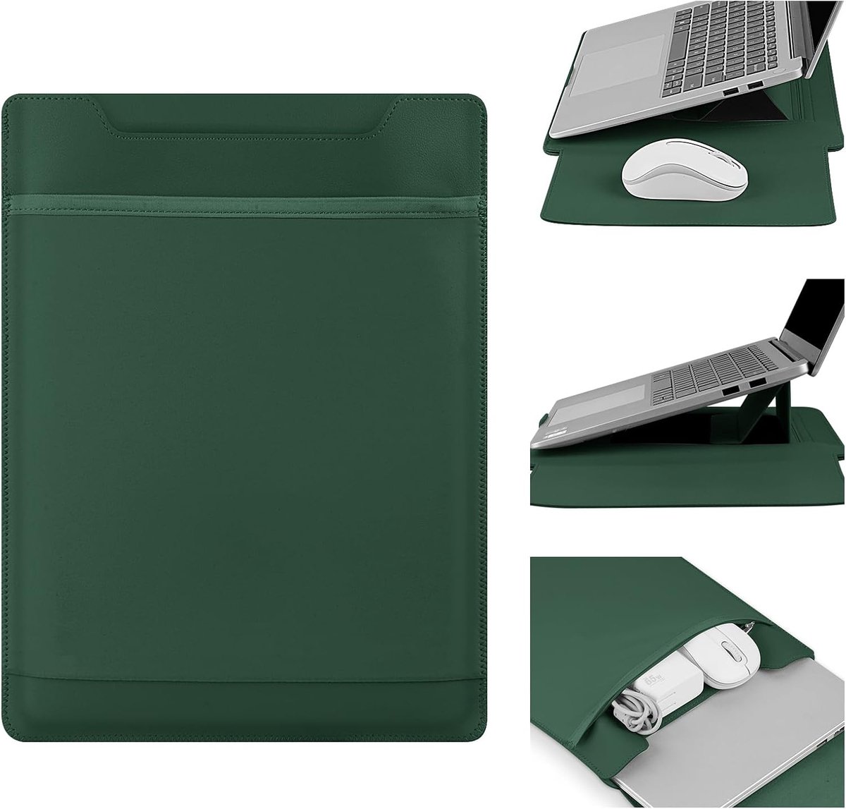 Laptop Hoes met Opklapbaar Standaard - 15/16inch Laptophoes - Multifunctionele Lederlook Sleeve - Beschermhoes met Opbergvakken - Donkergroen
