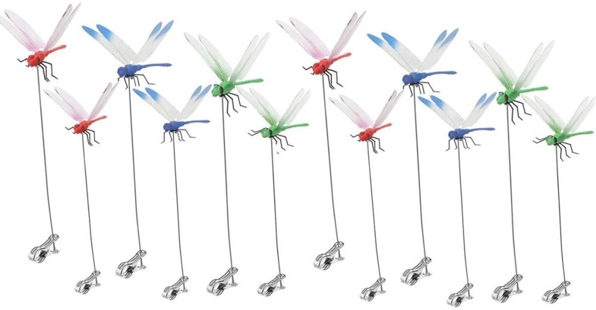 longziming - Set van 12 Libellen Clips - 2026 Nieuw Vliegenwerend Tuinaccessoire - 3D Tuinstekers in Libellenmotief - Voor het Verjagen van Vliegen, Vogels, Kolibries, Herten en Paarden - Voor Binnen en Buiten