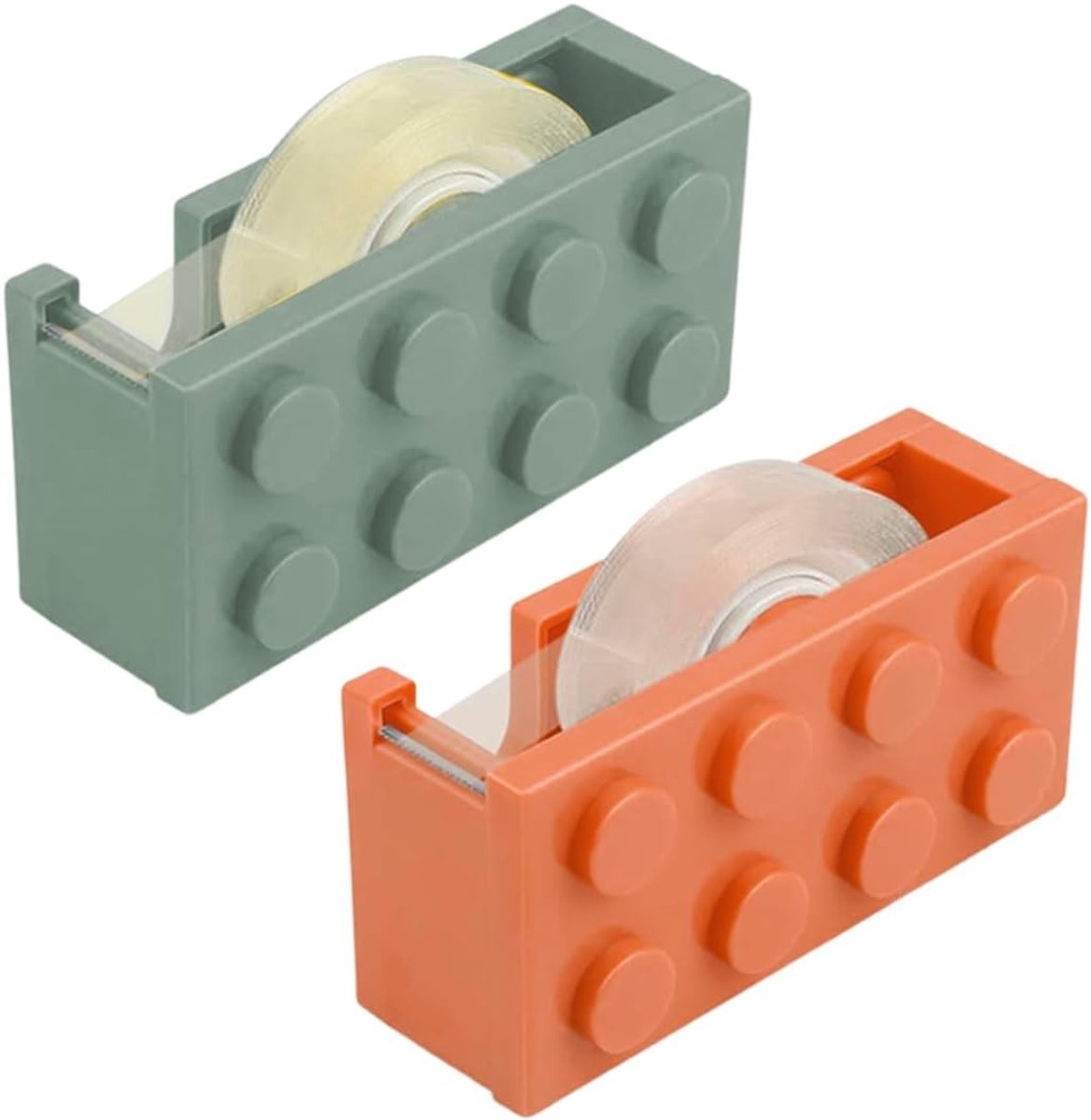Plakbanddispenser - Groen/Oranje - 10,7 x 5,2 x 4 cm - Duurzaam Kunststof met Bouwsteen-Design - Voor Kinderen en Creatieve Projecten