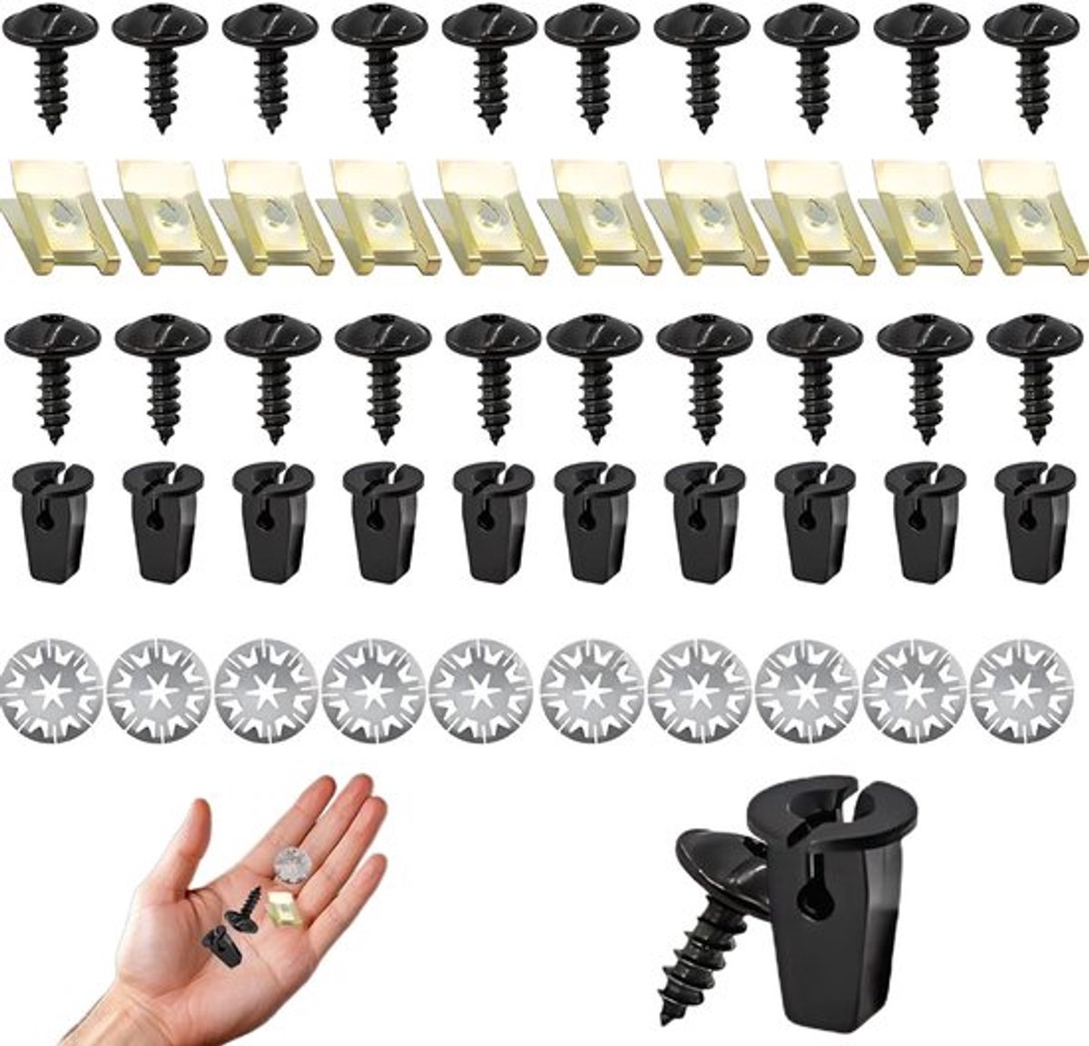 Autoschroeven 50 Stuks - Plaatmoeren - U-Type Montageklemmen - Bodembescherming - Carrosserieschroeven - Spatbordclips - Schroefset