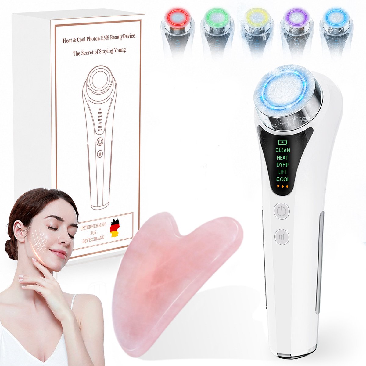 FOSMET Huidverjongingsapparaat - Gezichtsmassage Apparaat – Lichttherapie – Skincare – Anti Aging Apparaat - met EMS & LED Licht – 6 in 1 - Depuff , Contour , Verjong & Anti Rimpel - Infraroodtherapie Gezichtsmassage & Nekmassage Apparaat