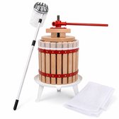 Fruitpers set met telescopische fruitplukker, sapzak en 12L fruitpers. Houten pers met rode details op witte standaard.