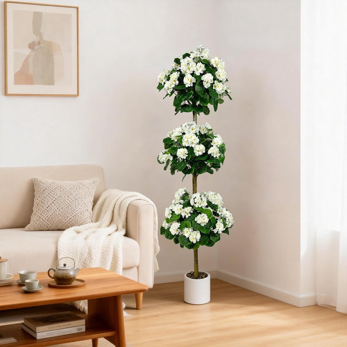 Kunstgeraniumboom - Hoge kunstplant met een ontwerp met twee of drie bollen - Realistische zijden bloemen - UV-bestendig - Onderhoudsarm - 150cm - Wit