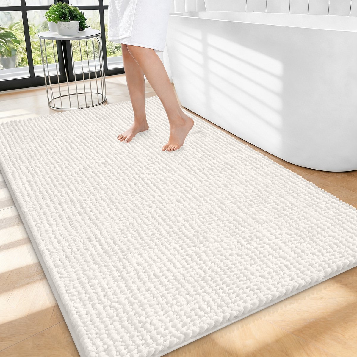 Olanly Badmat Antislip – Chenille Douchemat – Badmat Badkamer – Super Absorberend Deuropmat – Ivoorwit – 82X102cm