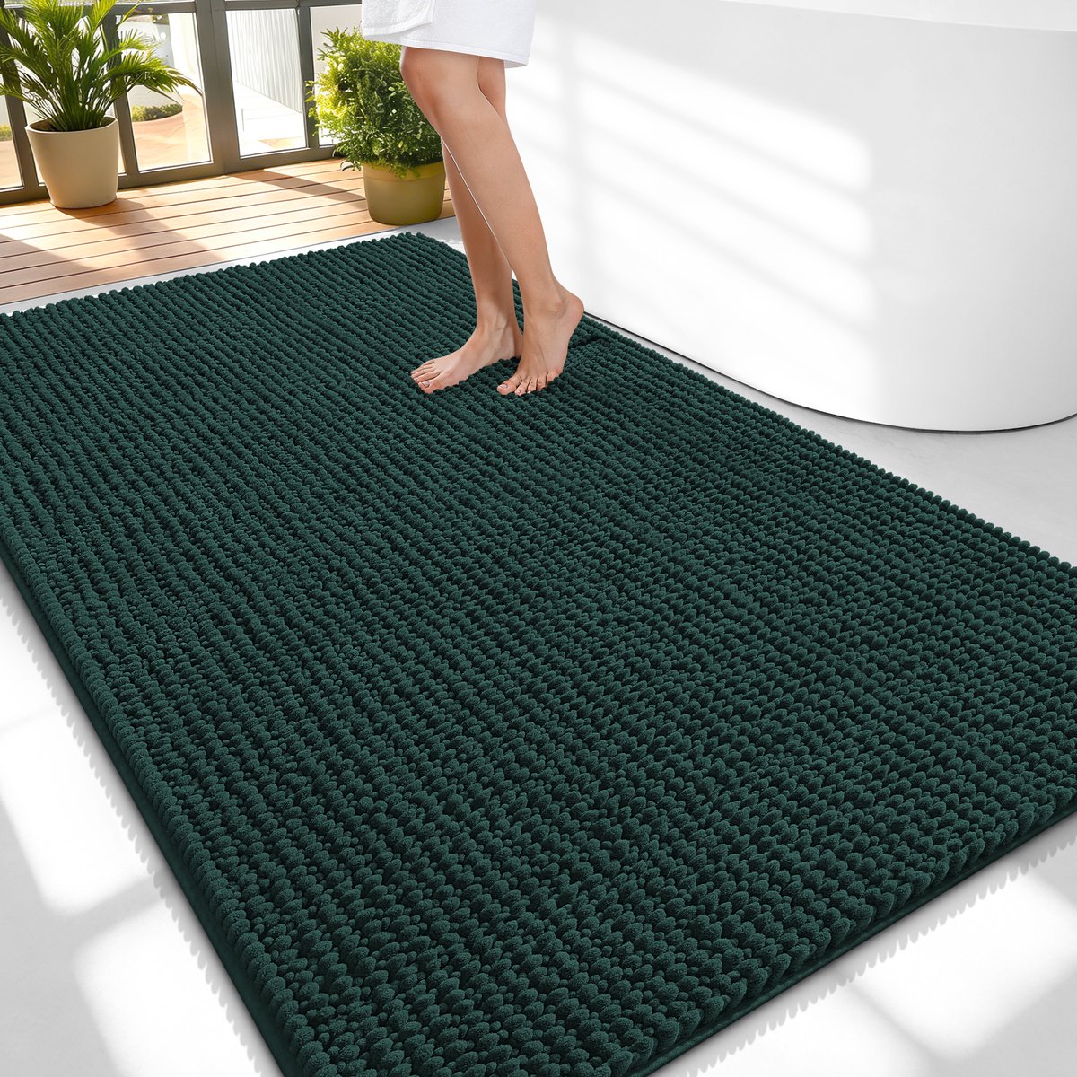 Olanly Badmat Antislip – Chenille Douchemat – Badmat Badkamer – Super Absorberend Deuropmat – Donkergroen – 89X150cm