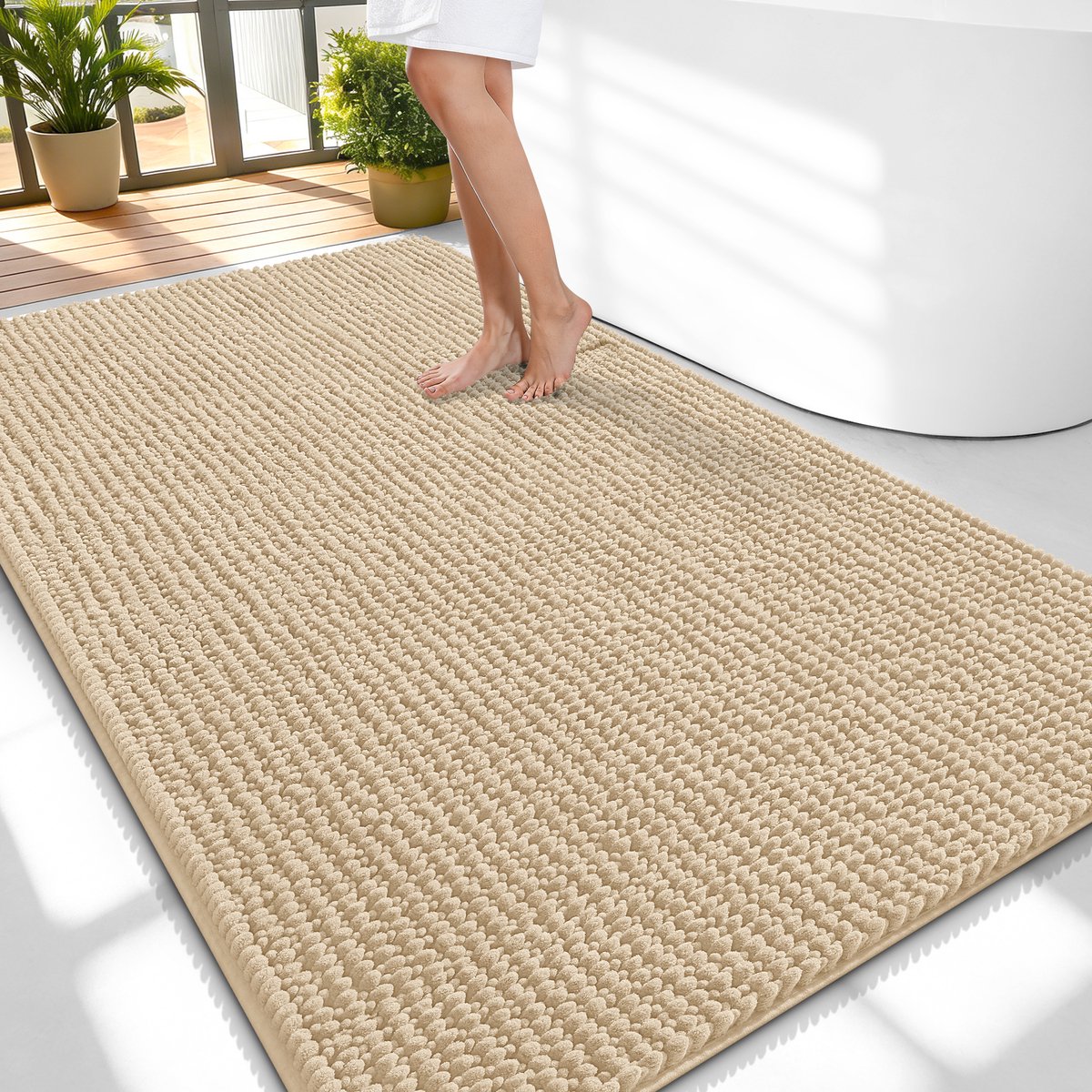 Olanly Badmat Antislip – Chenille Douchemat – Badmat Badkamer – Super Absorberend Deuropmat – Beige – 89X150cm