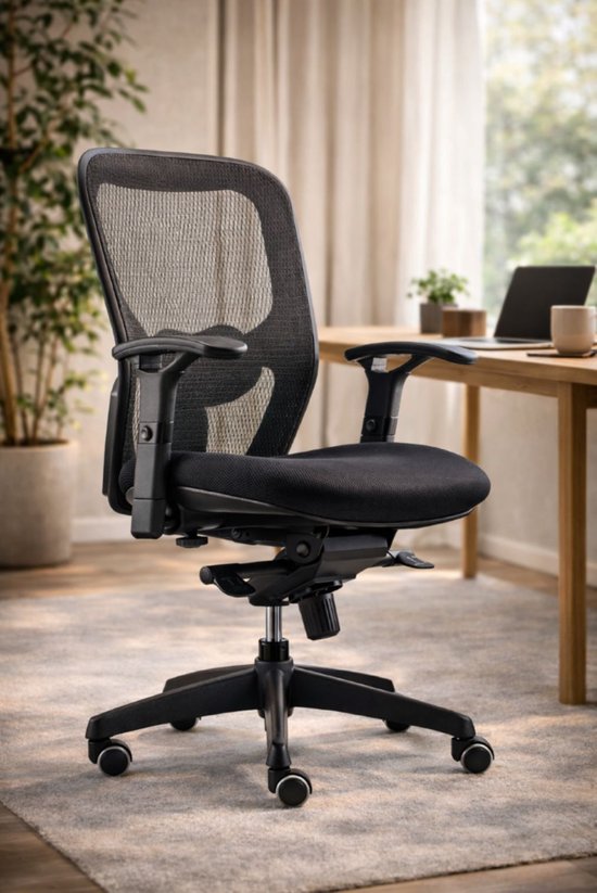 Zwarte ergonomische bureaustoel met een ademende mesh rugleuning, verstelbare armleuningen en een zitting.