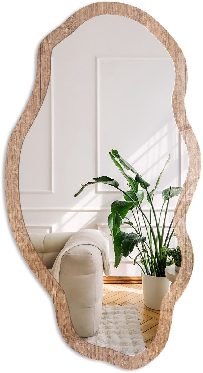 Coloray Houtstructuur Spiegel - Bruin Strakke Rechthoekige Spiegel - Organische Spiegel - Woonkamer - Rustiek - 45x90 cm - Totale afmeting 52x97 cm