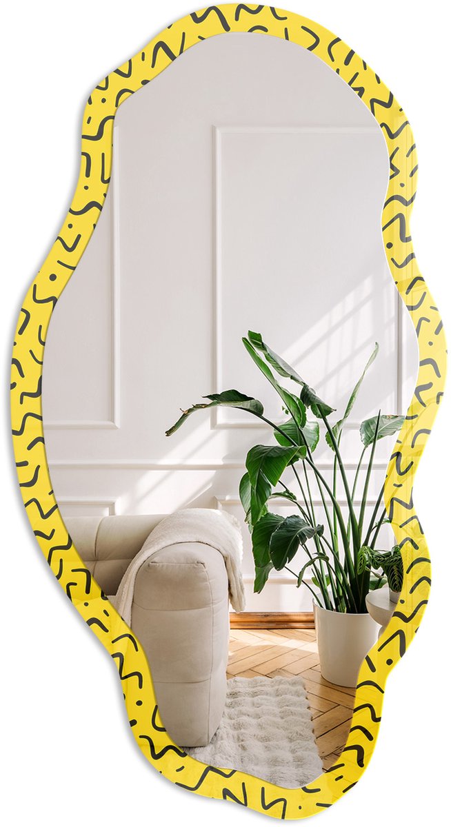 Coloray Creatieve Energie Spiegel - Geel Moderne Rechthoekige Wandspiegel - Organische Spiegel - Kantoor, Woonkamer, Hal - Pop Art - 45x90 cm - Totale afmeting 52x97 cm