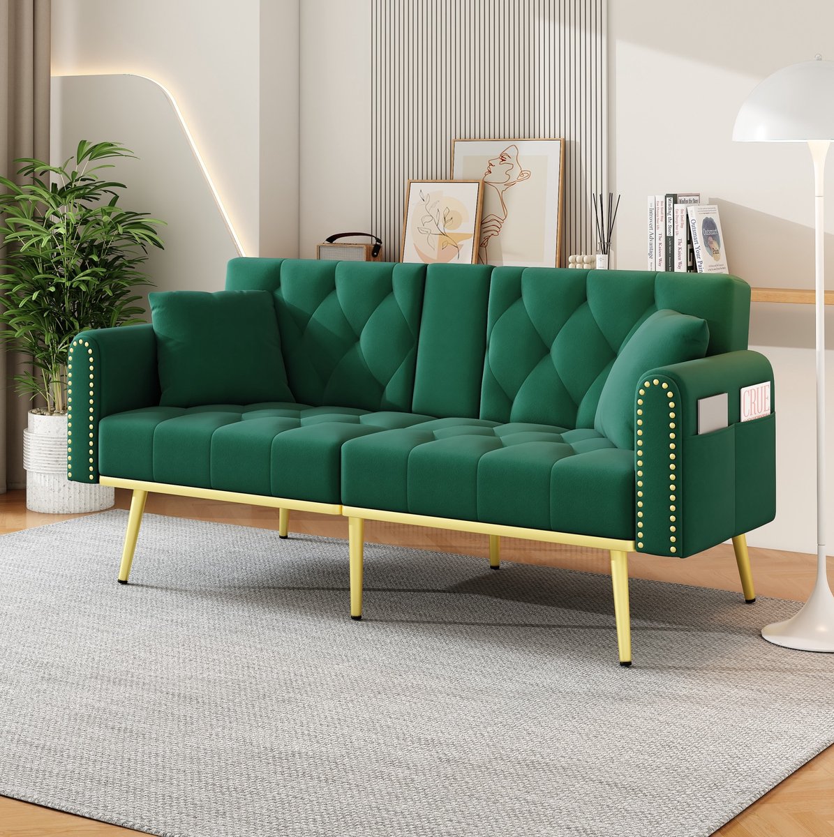 REDOM - Slaapbank - Verstelbare rugleuning met 3 standen - Uitklapbare ligfunctie met drankhouder - Zijvak en 2 kussens - Velvet - Groen - 175 x 80 x 73,5 cm