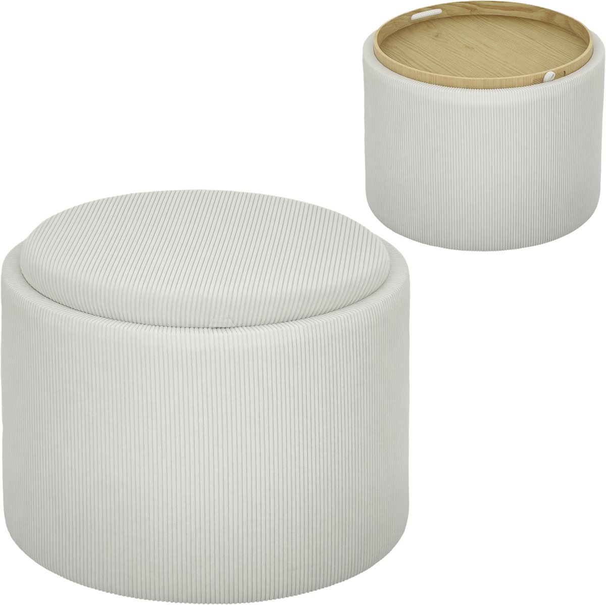 Opbergpoef met opbergruimte - rond - voetensteun - corduroy stof - MDF - crèmewit