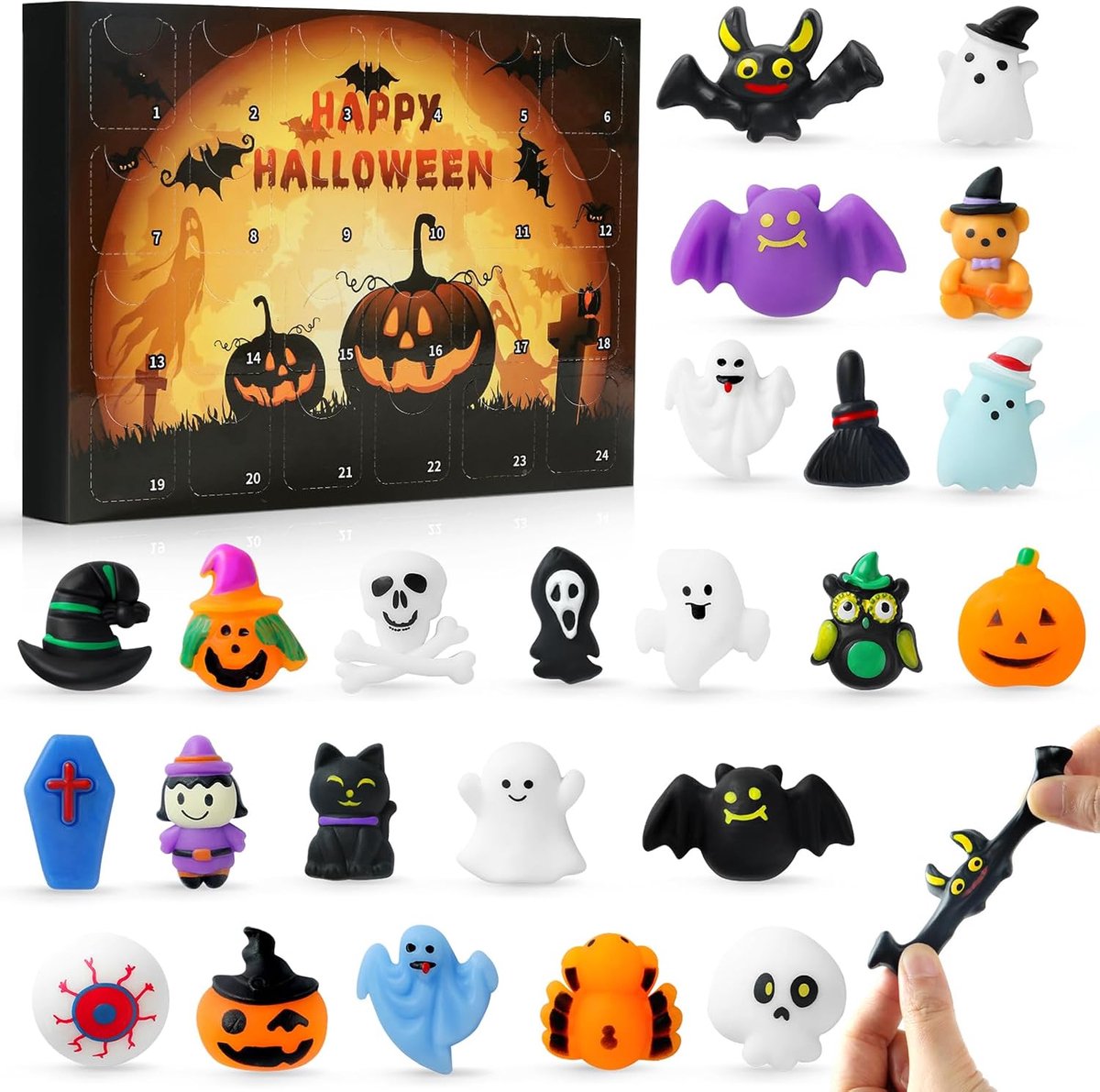 Halloween Adventskalender - 24 Delige - Mini Squishy Kalender voor Kinderen en Tieners - Zwarte Halloween Editie - Verzamelbare Speeltjes - Aftelkalender voor Feestdagen - Geschikt voor Jongens en Meisjes - Spannende Verrassing per Dag