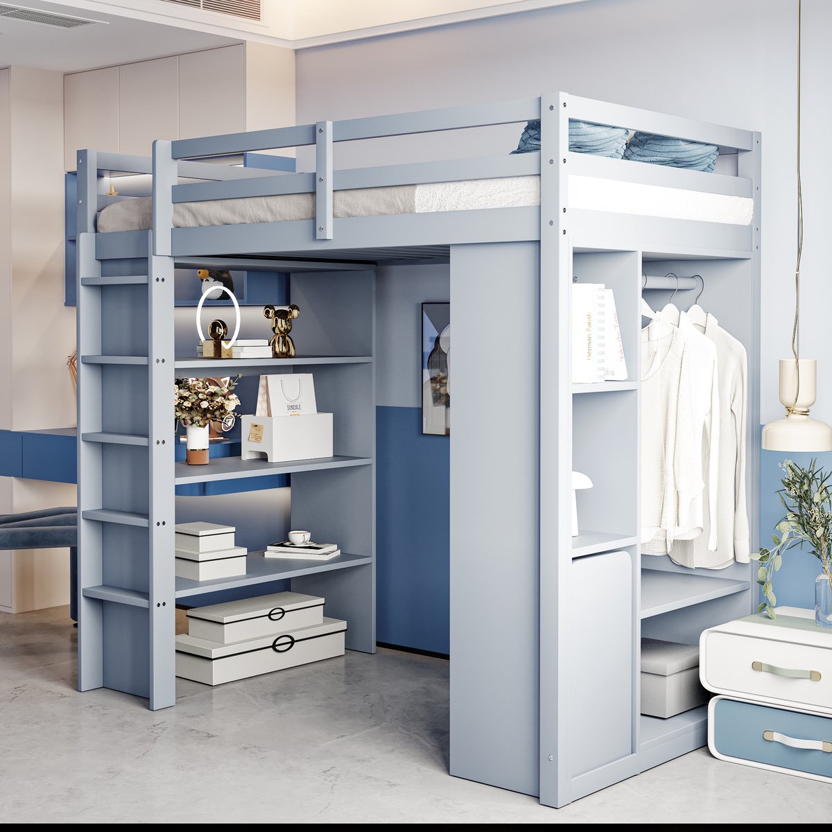 Sweiko Hoogslaper - 90 x 200 cm - met Waslijnstang - Opbergrek - Trolley - Grijs