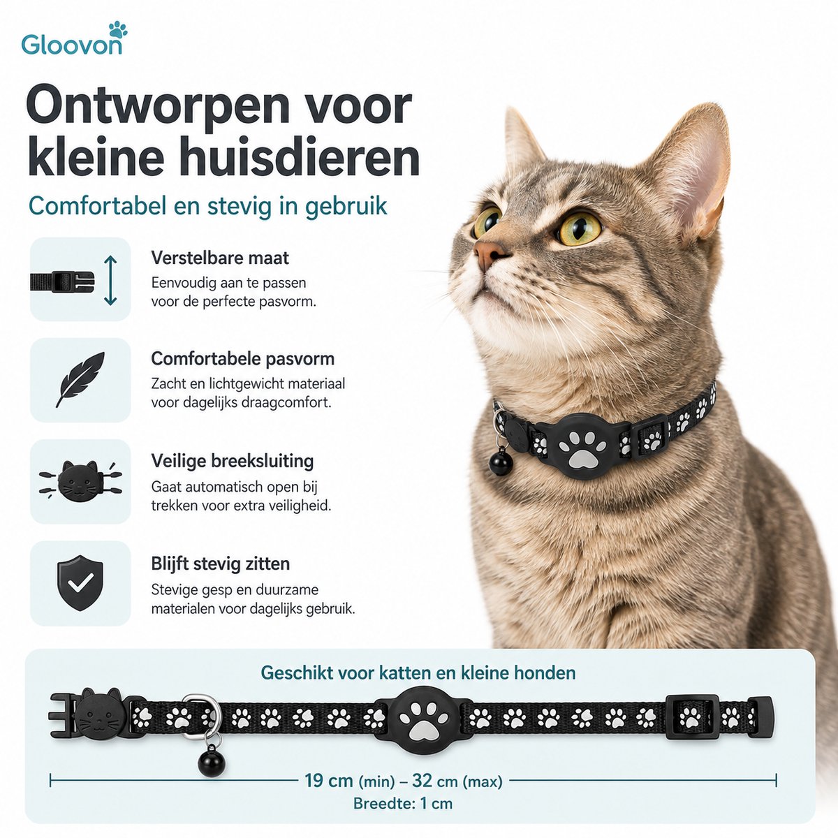Gloovon® Kattenband met Tracker - GPS Tracker Kat - Veiligheidssluiting & Reflecterend - Nylon - 19-32 cm - Zwart thumbnail 3