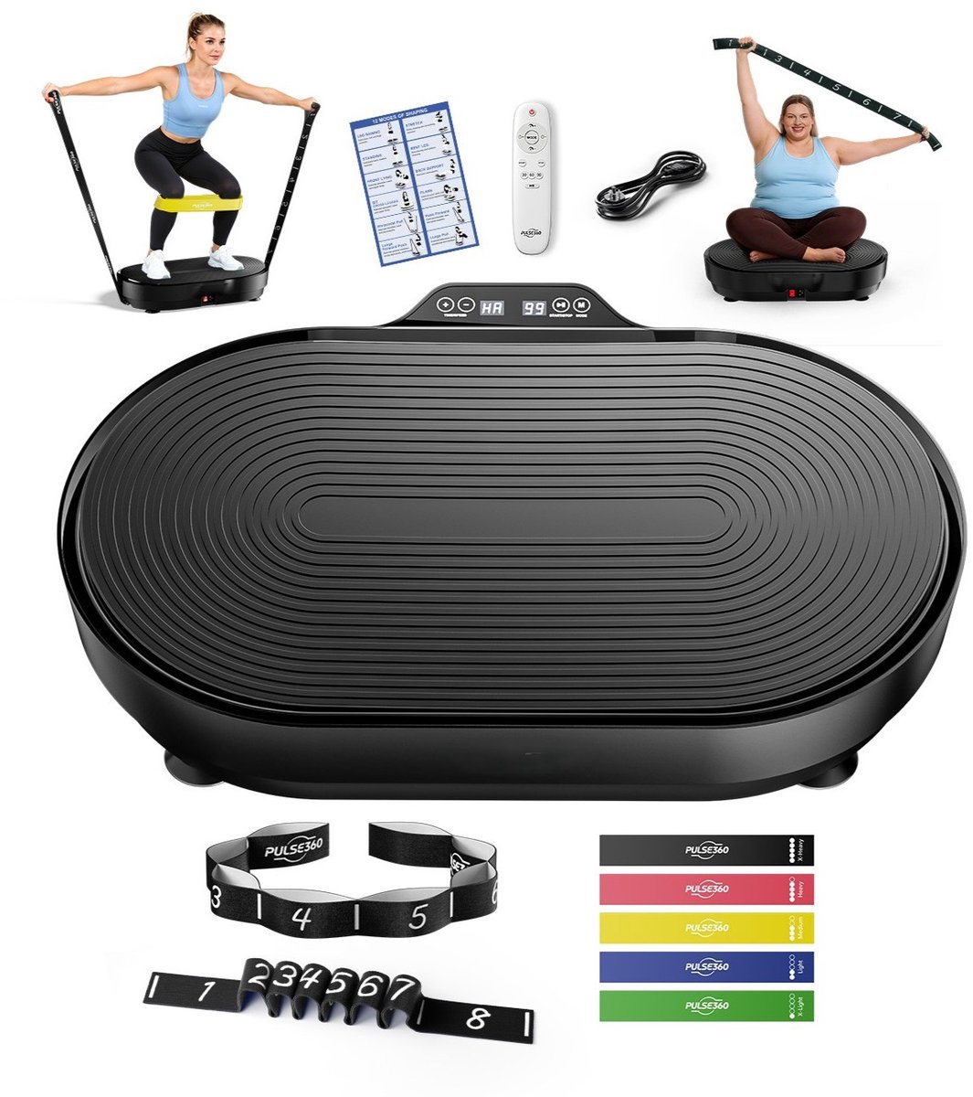 PULSE360 Fitness Trilplaat Thuis - Plaque Vibrante - 9 Programma's & 99 Snelheidsniveaus - Yoga Elastieken Banden - Max 200kg - Thuis Fitness - Zwart