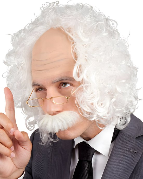 Man met witte krullende pruik, bril, snor en wijzende vinger.
