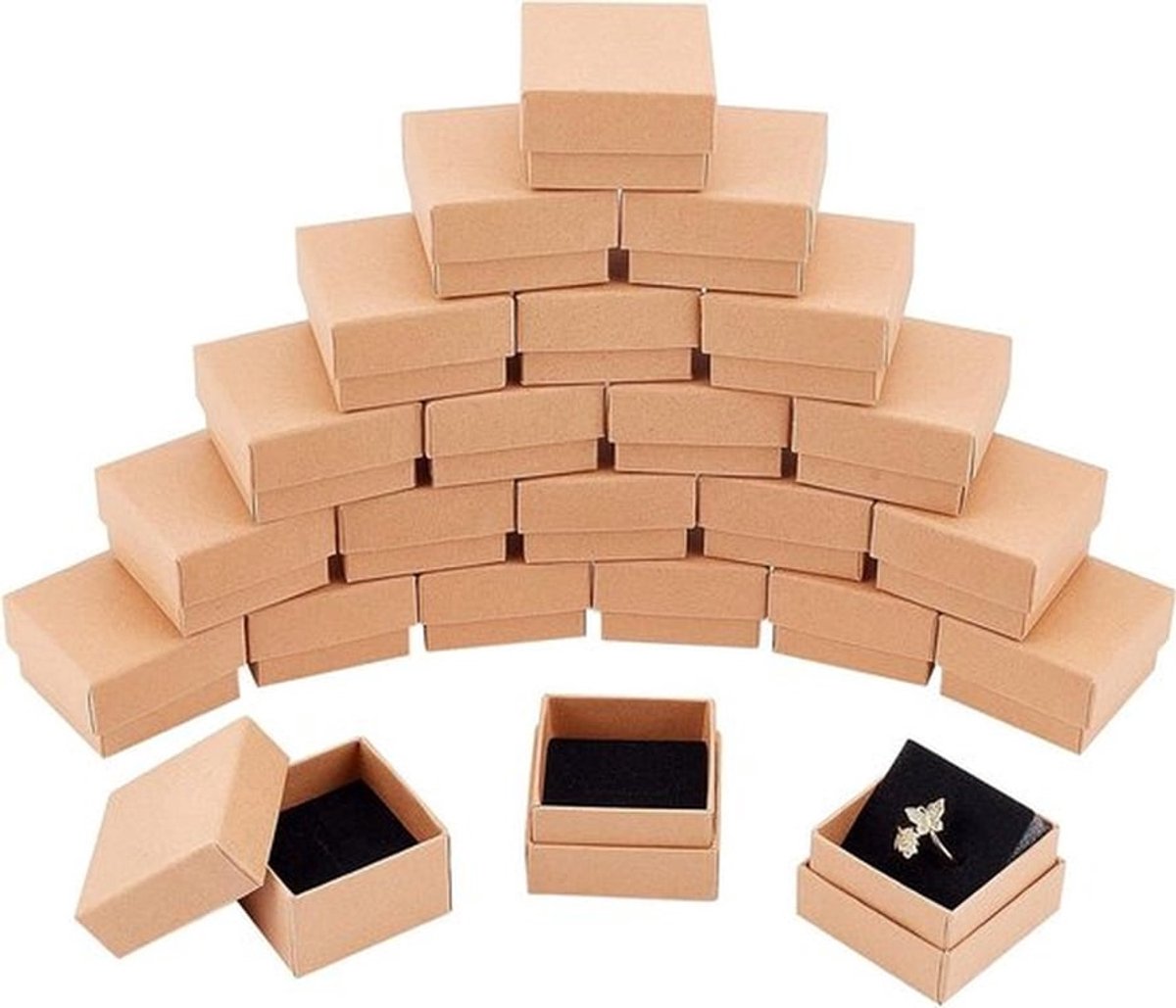 24 stuks Kraft bruine vierkante kartonnen sieradenringdozen - cadeauverpakking voor kerst, jubilea, bruiloften - sieradenschatulle voor geschenken en display, 5 x 5 x 3 cm.