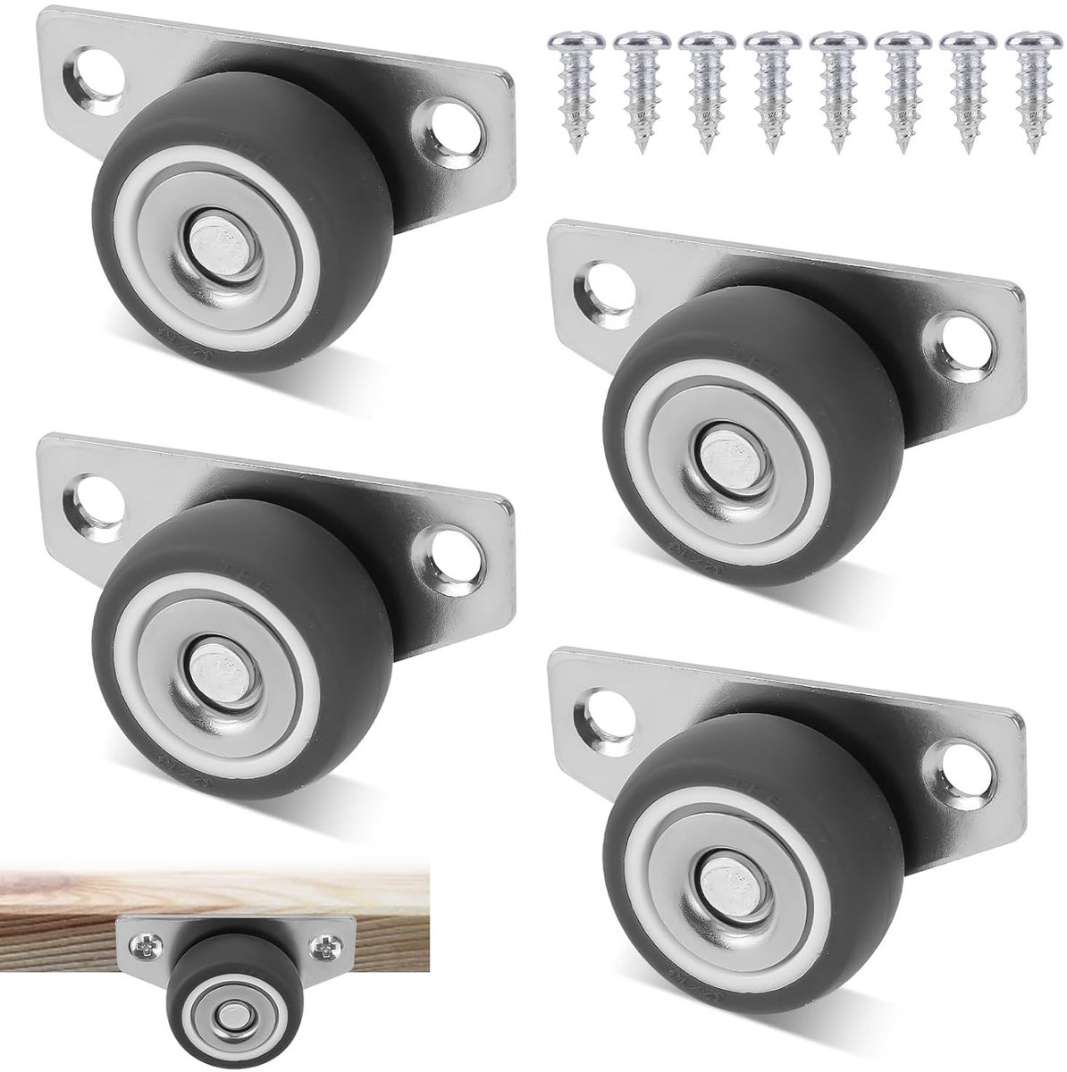 Set van 4 zijbevestigde rubberen wielen, 31.8mm mini casters met 140lbs draagvermogen, geluidloze wielen voor meubels en apparatuur