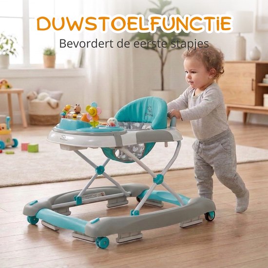 BRONEA® 4-in-1 Loopstoeltje vanaf 6 maanden - Babywalker met schommelfunctie en speelpaneel met muziek - in hoogte verstelbaar & klapbaar - Geruisarme wielen en remmen - blauw turquoise van BRONEA — afbeelding 4