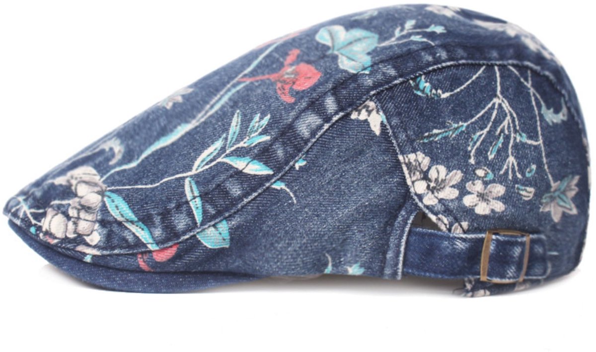 Flatcap Denim Petje met Bloemen – Blauw – Verstelbare Pasvorm – Stevige Spijkerstof Pet, klak pet – Stijlvolle Outdoor & Casual Cap