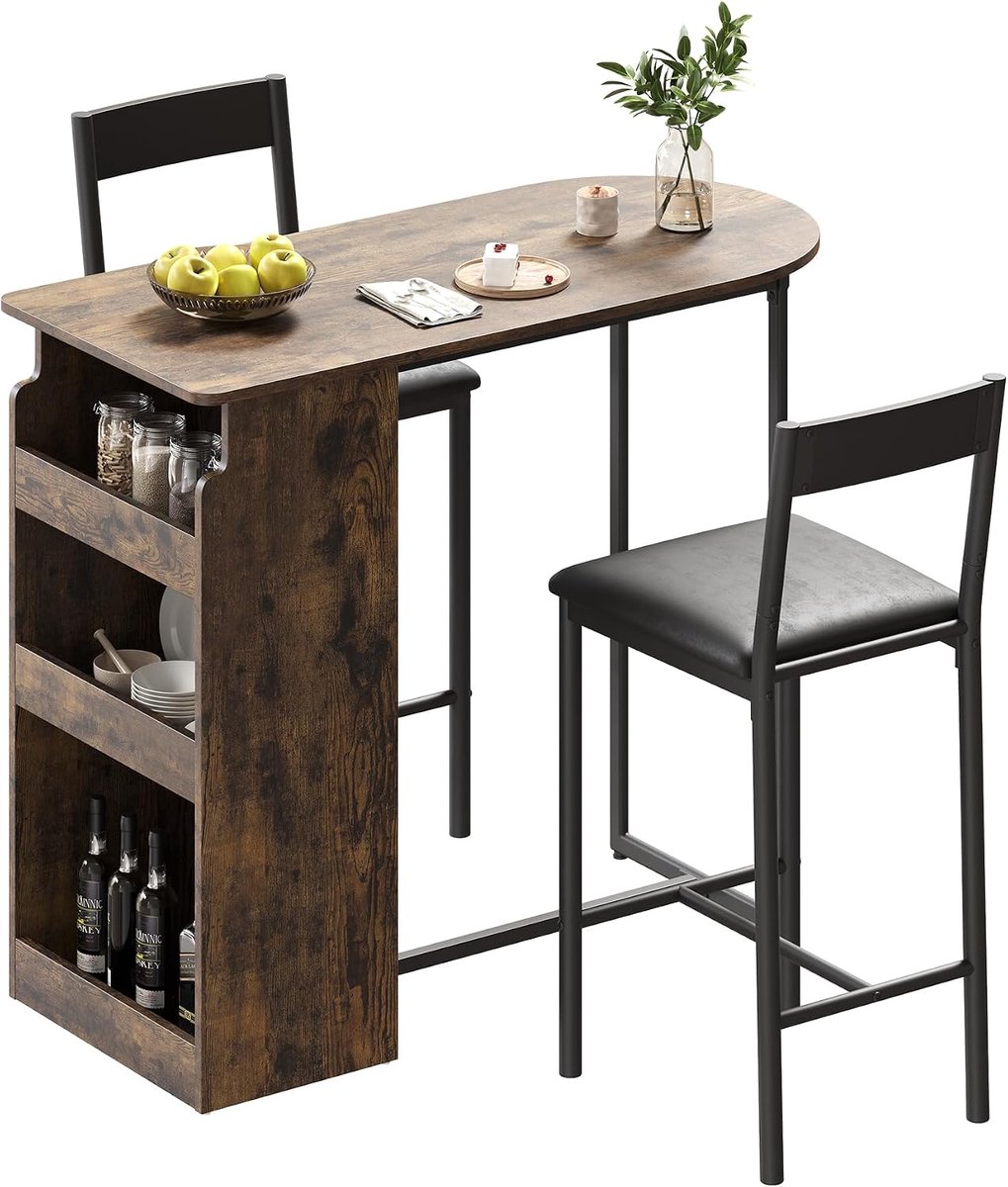 Bartafelset met stoelen, moderne bartafel met 3‑laagse opbergplanken, ruimtebesparende pubtafel met krukken, moderne bartafel voor keuken, woonkamer, ontbijthoek en appartement