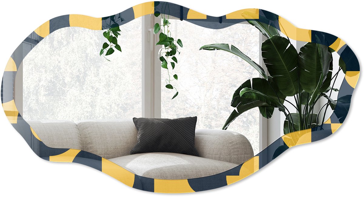 Wallfluent Geometrisch Patroon Spiegel - Geel Rechthoekige Spiegel Voor Interieur - Organische Spiegel - Kantoor, Woonkamer, Hal - Geometrisch - 45x90 cm - Totale afmeting 52x97 cm