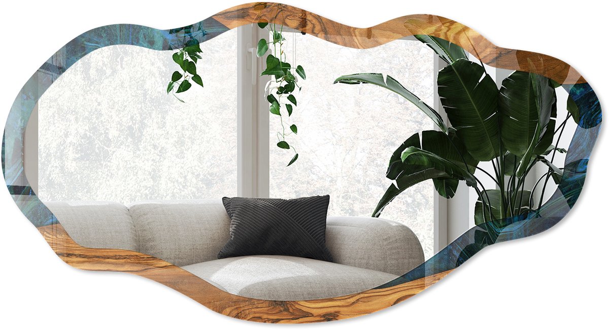 Wallfluent Houten Golven Spiegel - Bruin Stijlvolle Wandspiegel - Organische Spiegel - Woonkamer, Kantoor, Hal - Abstract - 45x90 cm - Totale afmeting 52x97 cm