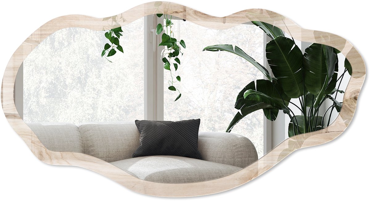 Wallfluent Houten Ringen Spiegel - Beige Strakke Rechthoekige Spiegel - Organische Spiegel - Slaapkamer, Woonkamer, Kantoor - Minimalistisch - 45x90 cm - Totale afmeting 52x97 cm