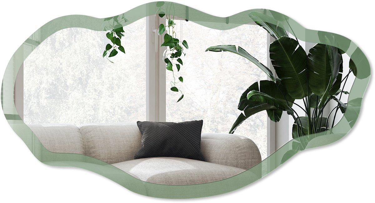 Wallfluent Gedempt Groen Spiegel - Groen Stijlvolle Wandspiegel - Organische Spiegel - Kantoor, Woonkamer, Slaapkamer - Minimalistisch - 45x90 cm - Totale afmeting 52x97 cm