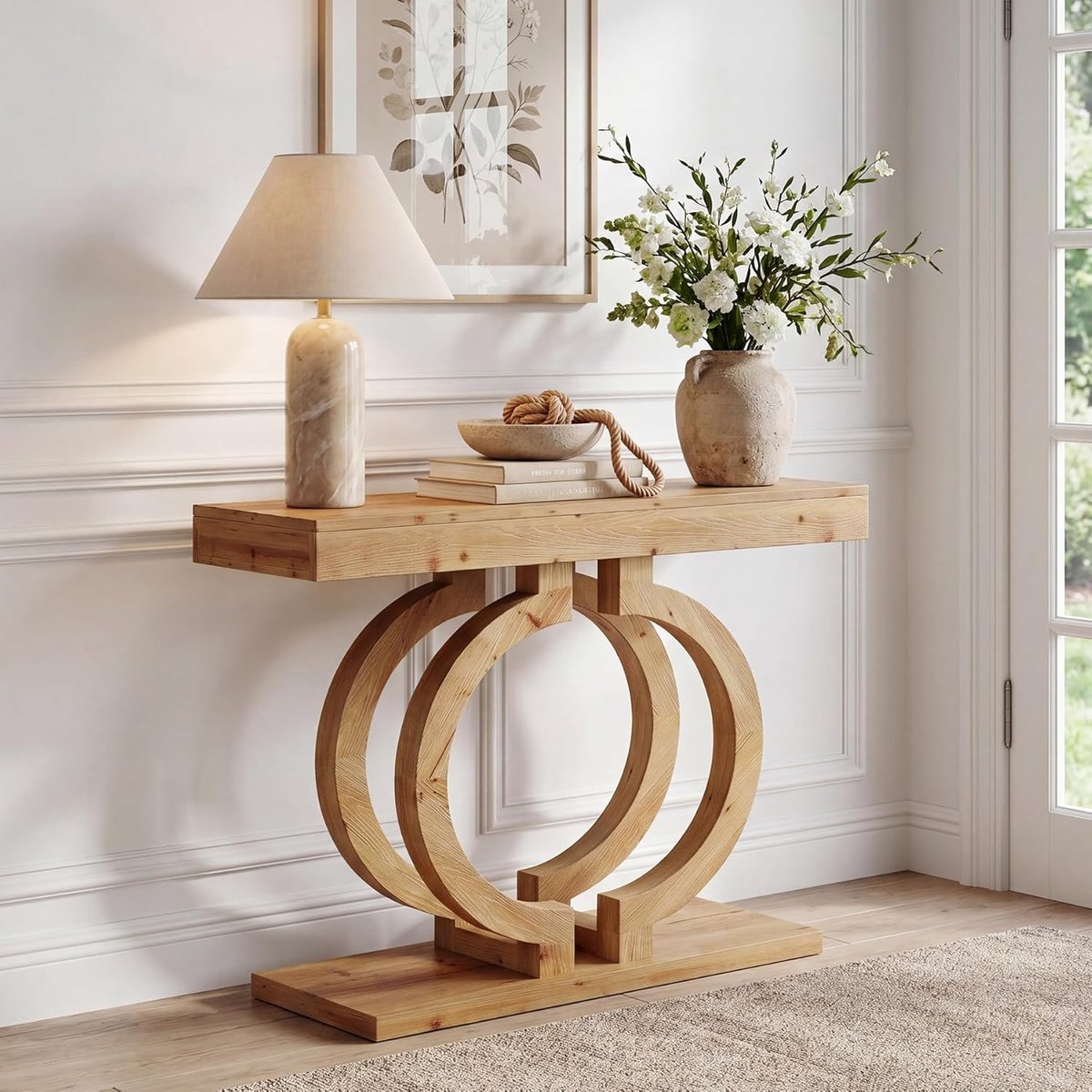 Tribesigns Massief houten Consoletafel - 110 x 35 x 85 cm - Sidetable met dubbele ronde voet - bruin - Industrieel - voor Hal, Woonkamer, Entree