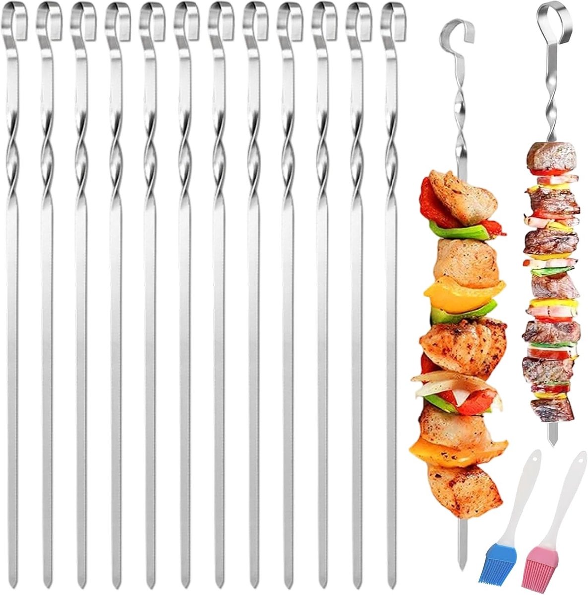 Plancha barbecue - Roestvrijstalen Schaschlikspiesen - 30 cm - Platte Grillspiesen met 2 Borstels - Herbruikbaar voor Outdoor Gebruik