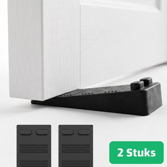 Zwarte deurstopper met ribbels, onder een witte deur. Twee stuks worden getoond.