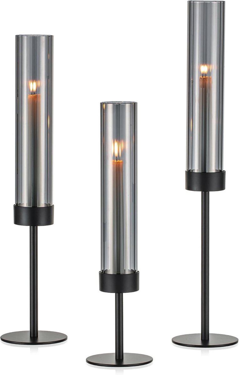 Windlicht van glas - Zwart - Set van 6 - Metalen Kaarsenhouders met Glazen Cilinder - Voor Woonkamerdecoratie