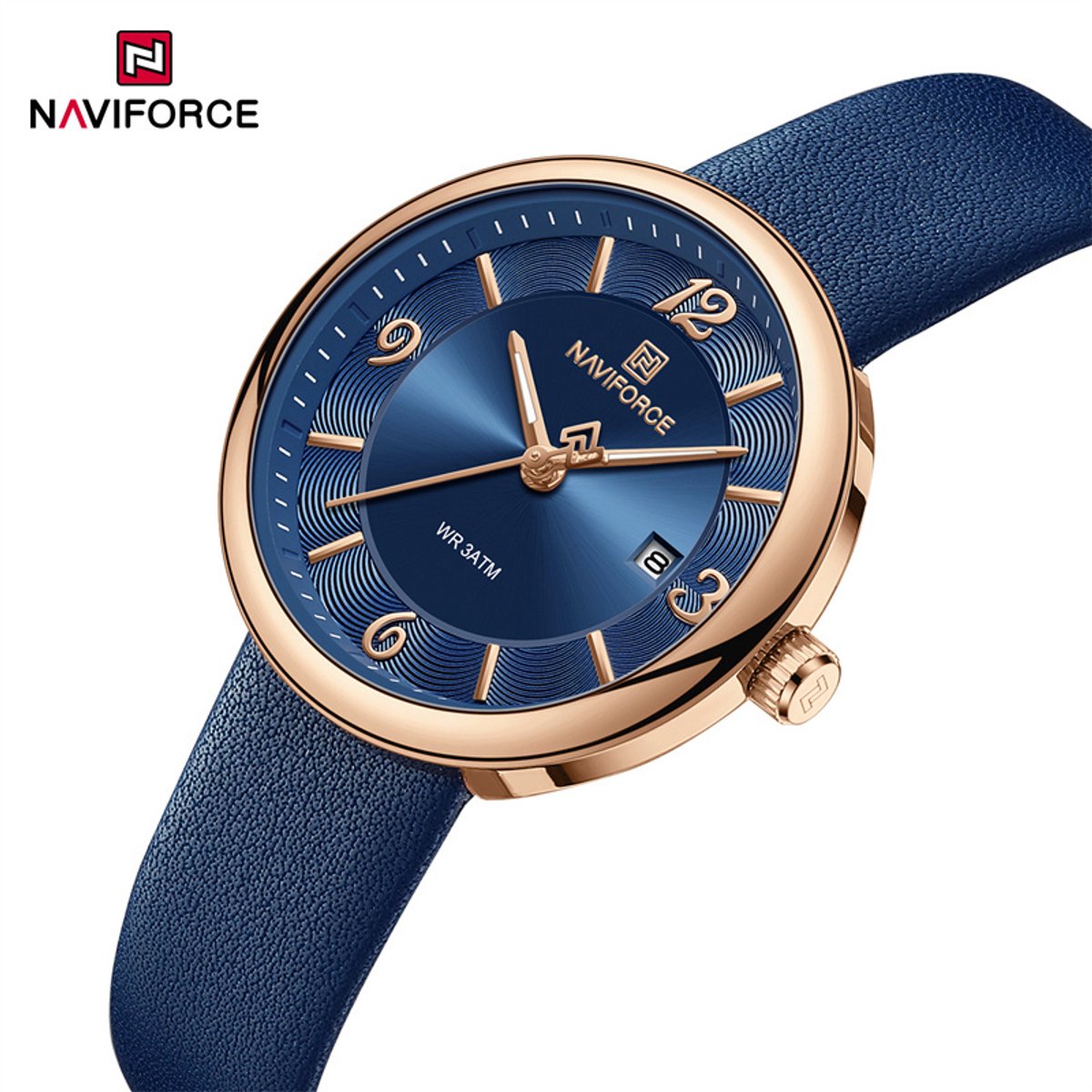 NAVIFORCE horloge met blauwe lederen polsband, blauwe wijzerplaat en gouden horlogekast voor dames met stijl ( model 5076 RGBEBE )