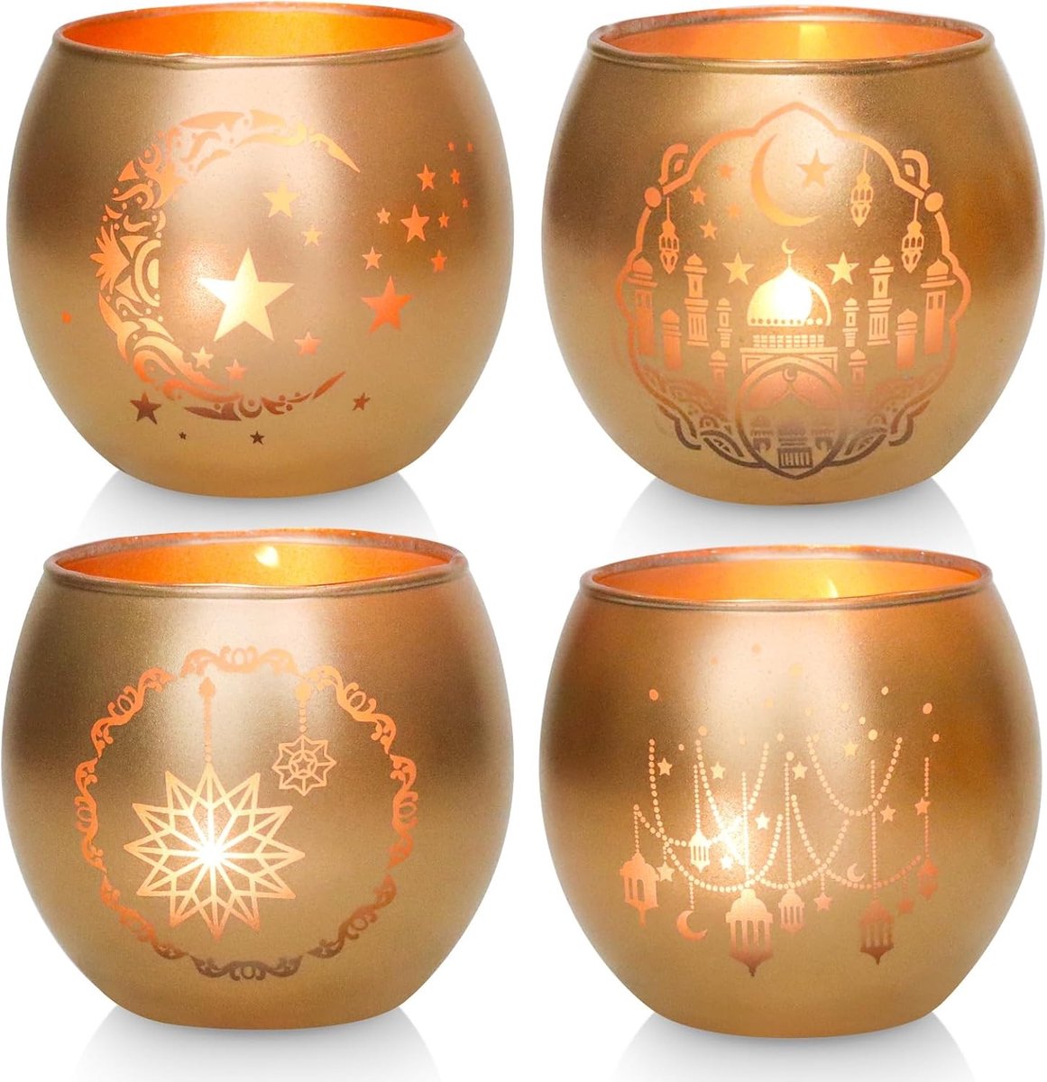 Windlicht van glas - Goud - 4-delig - Luxe theelichthouders met islamitische patronen - Voor Ramadan en Eid decoratie