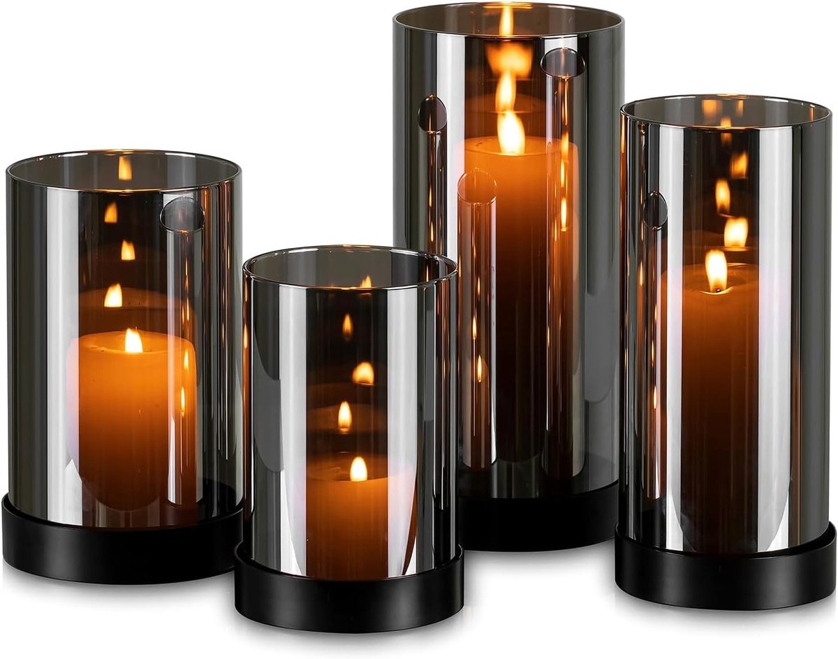 Windlicht van glas - Zwart - Set van 4 Verschillende Maten - Metalen Pilaarkaarshouders met Glazen Cilinders - Voor Binnen en Buiten