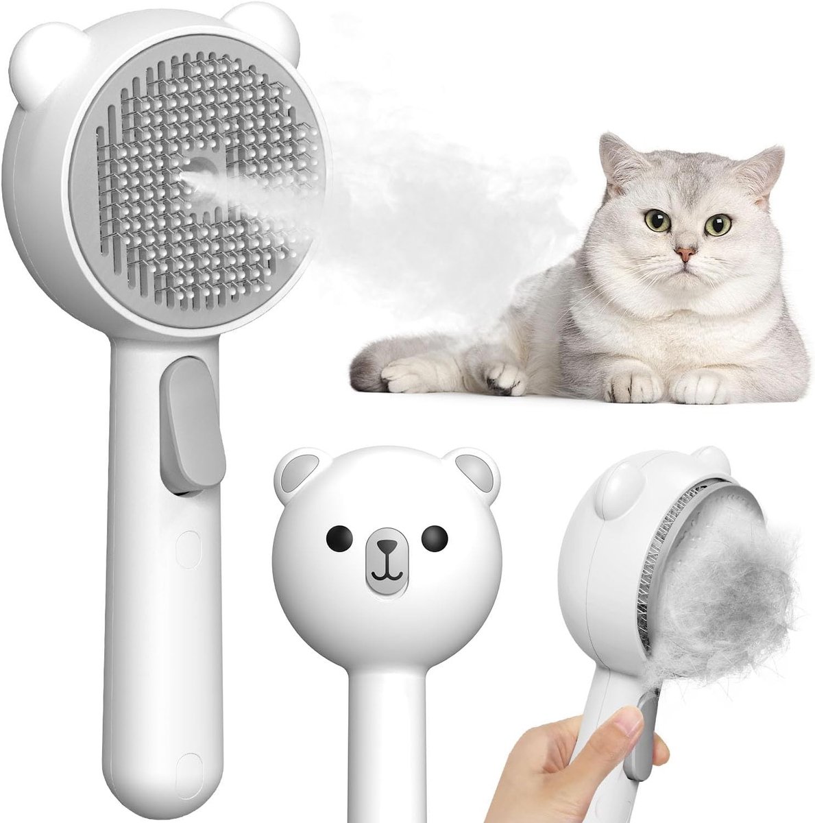 Zachte stoomborstel voor katten - Wit - 20,5 x 8,4 cm - Waterdichte 4-in-1 verzorgingsborstel met oplaadbare batterij - Voor lang- en kortharige katten